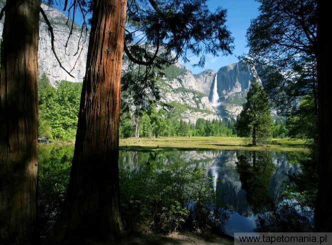 Mirrored, Upper Yosemite Falls, Yosemite National Park, California, Tapety Widoki, Widoki tapety na pulpit, Widoki